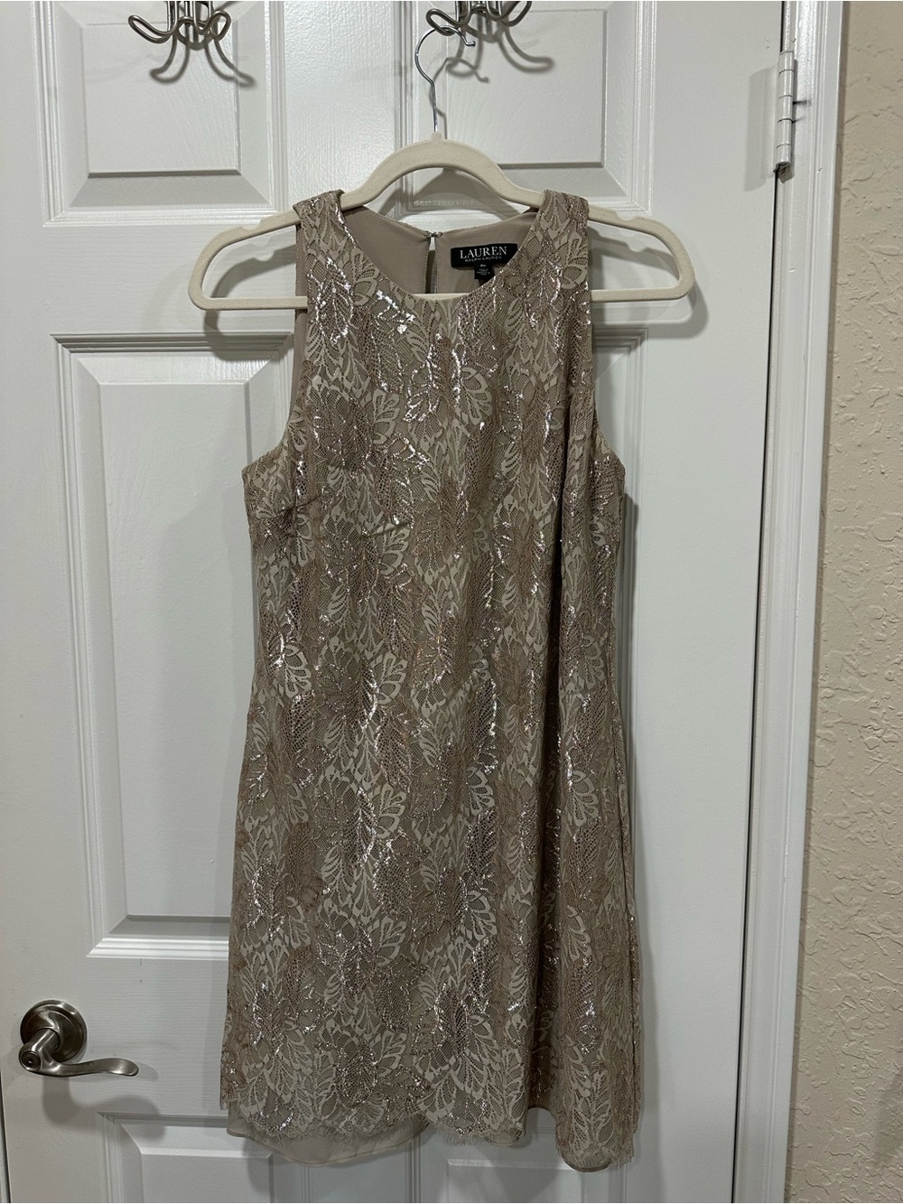 Lauren Ralph Lauren Petite Metallic Embroidered Taupe Lace A-Line Dress